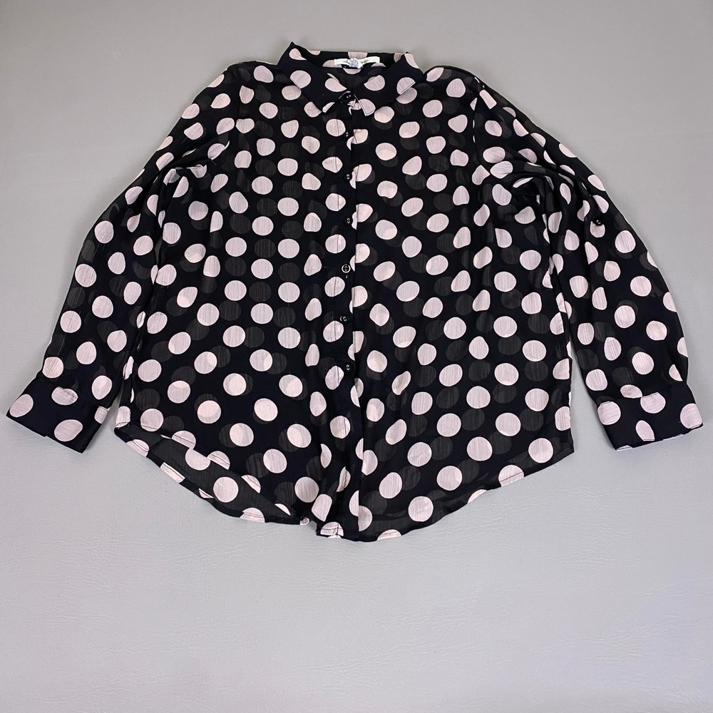 American Rag Blouse Shirt 1X Polka Dot‎ Button Up Black Pink Chiffon Long Sleeve